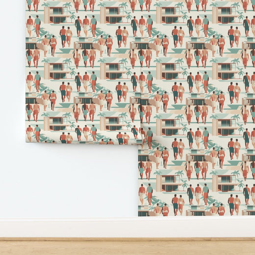 Close-up view of the minimalist figure and architectural details on matte wallpaper.