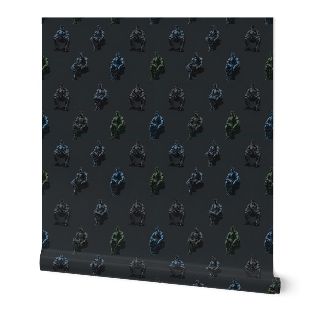 Midnight Lounge wallpaper pattern featuring sketched male figures on a deep charcoal backdrop.