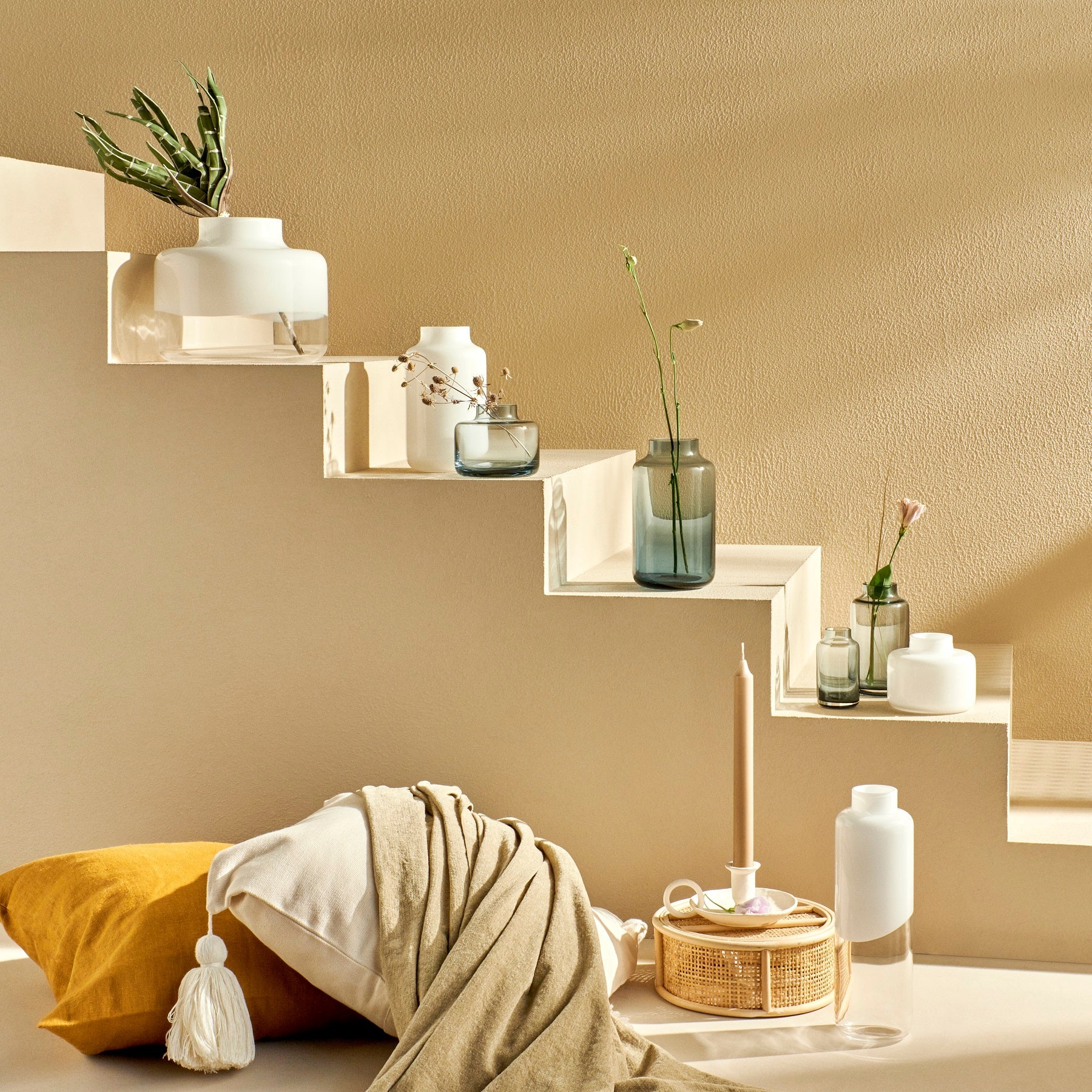 Minimalist clear glass vase holding elegant botanical stems on a neutral backdrop.
