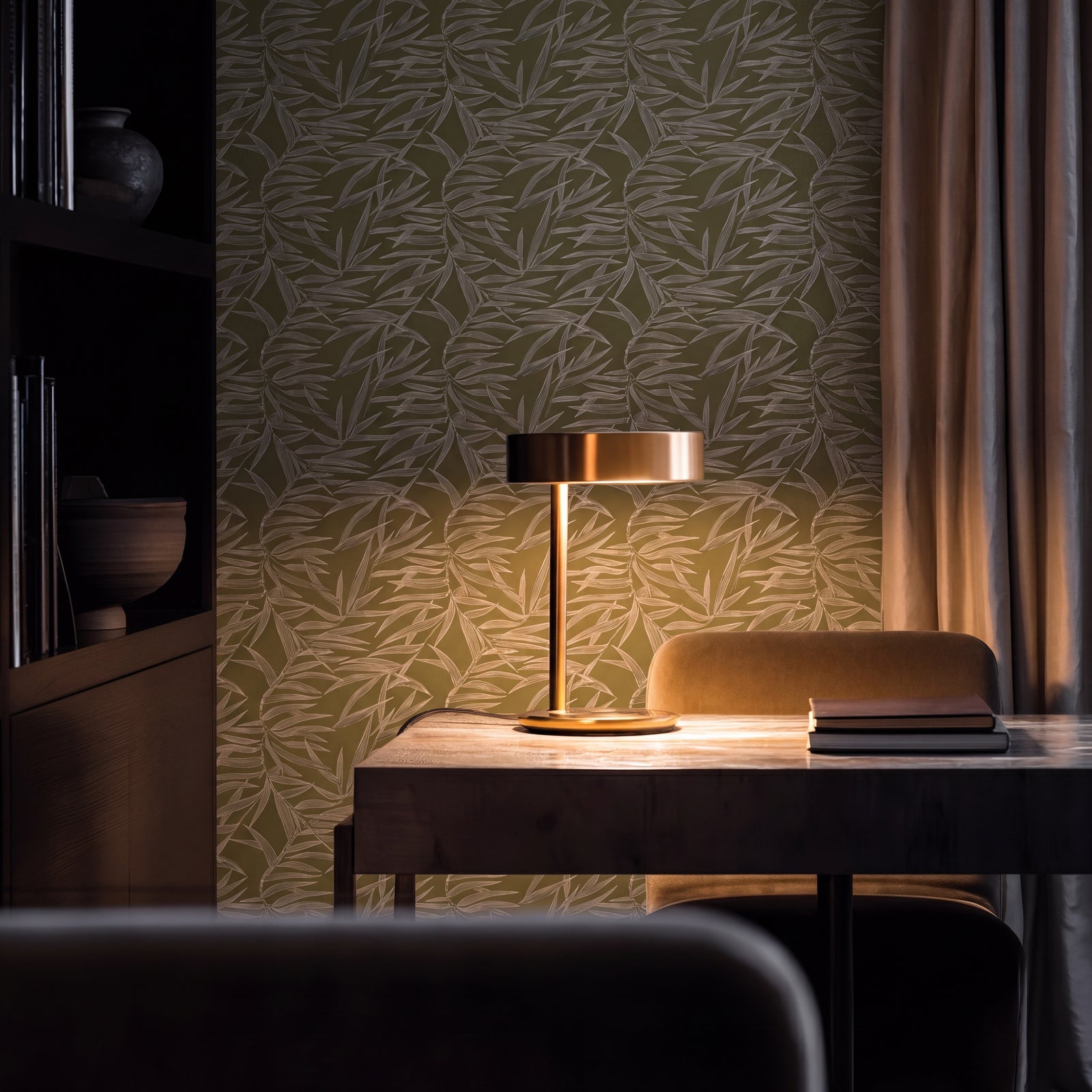 Detail of the Bamboo wallpaper pattern in the Olive green colorway.
