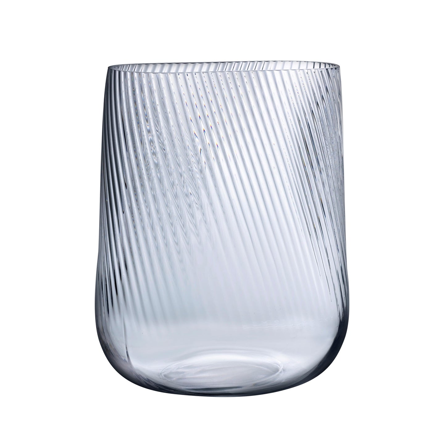 NUDE Glass Opti tall crystal vase in clear glass, highlighting its clean architectural lines and ribbed design.