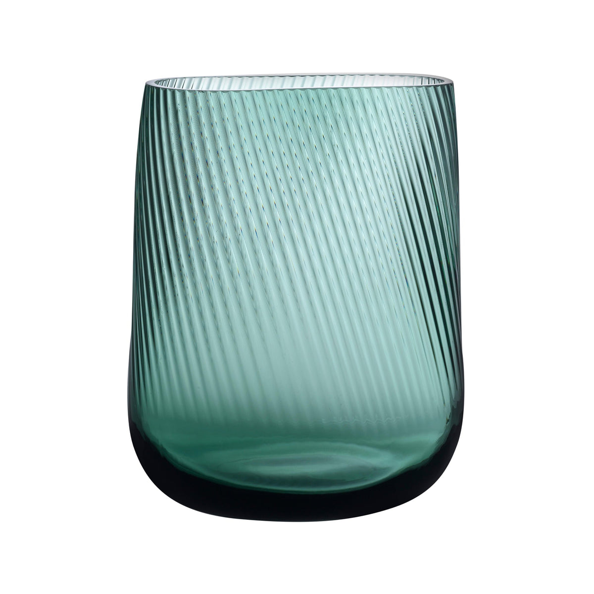 NUDE Glass Opti tall crystal vase in smoked green, showing elegant vertical ribbing and a sleek modern silhouette.