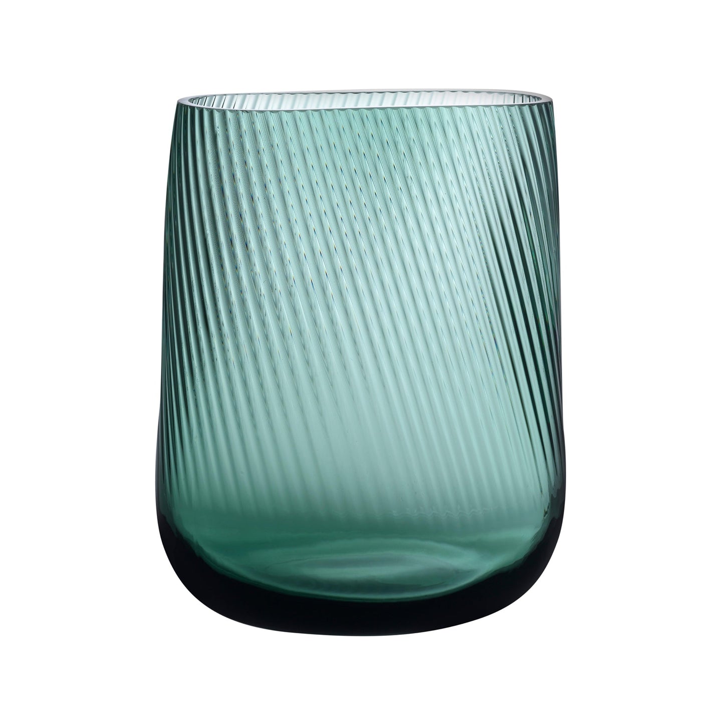NUDE Glass Opti tall crystal vase in smoked green, showing elegant vertical ribbing and a sleek modern silhouette.