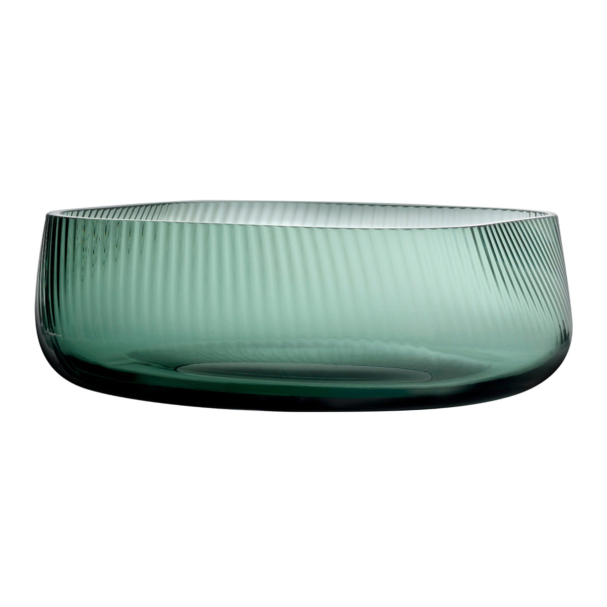 NUDE Glass Opti Crystal Centrepiece Bowl in smoked green glass showing its ribbed texture on a white background