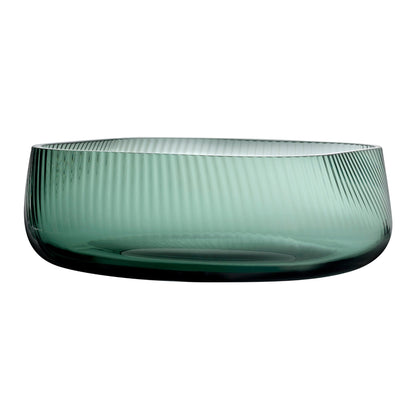 NUDE Glass Opti Crystal Centrepiece Bowl in smoked green glass showing its ribbed texture on a white background
