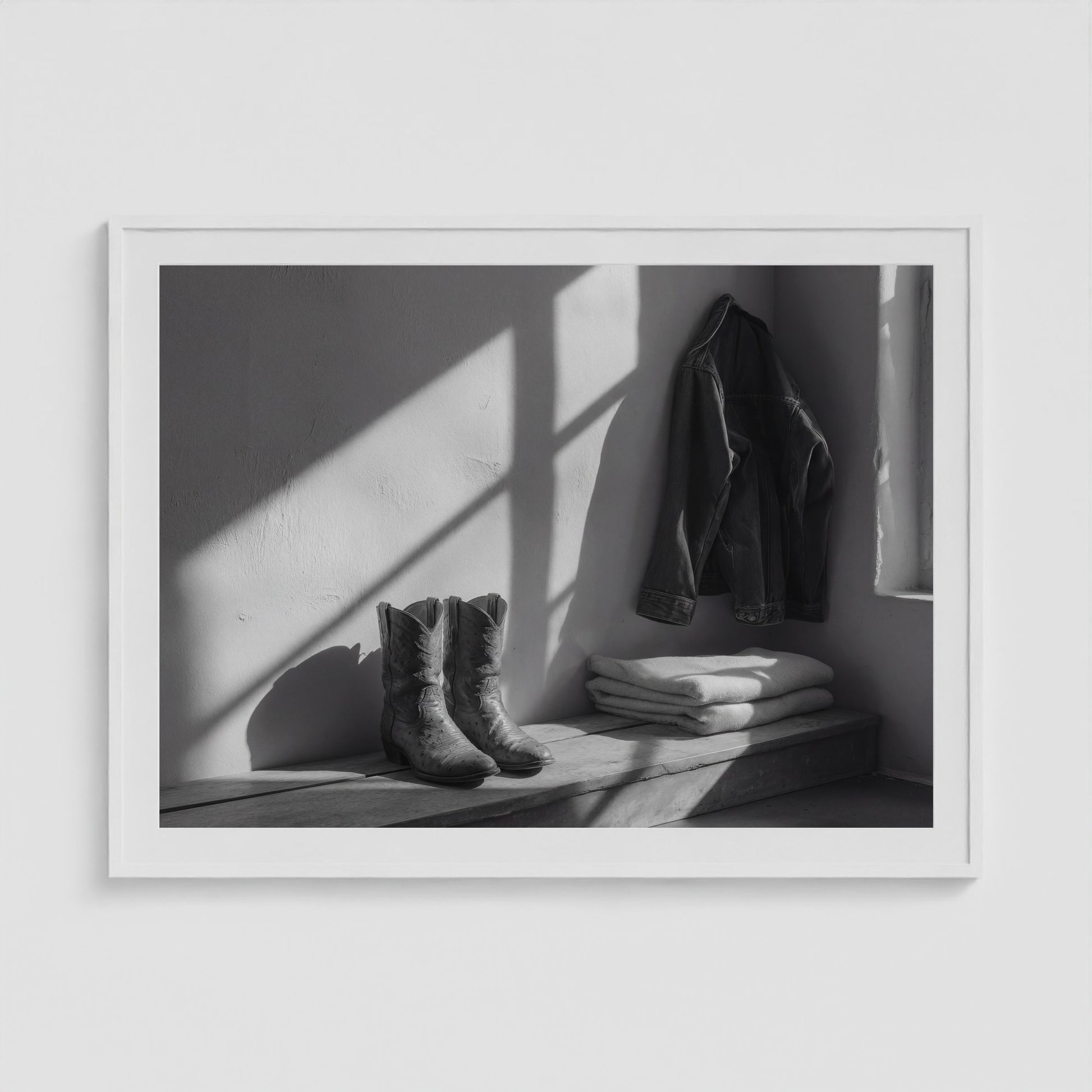 Ostrich Boots 48x36 White Landscape Box Frame