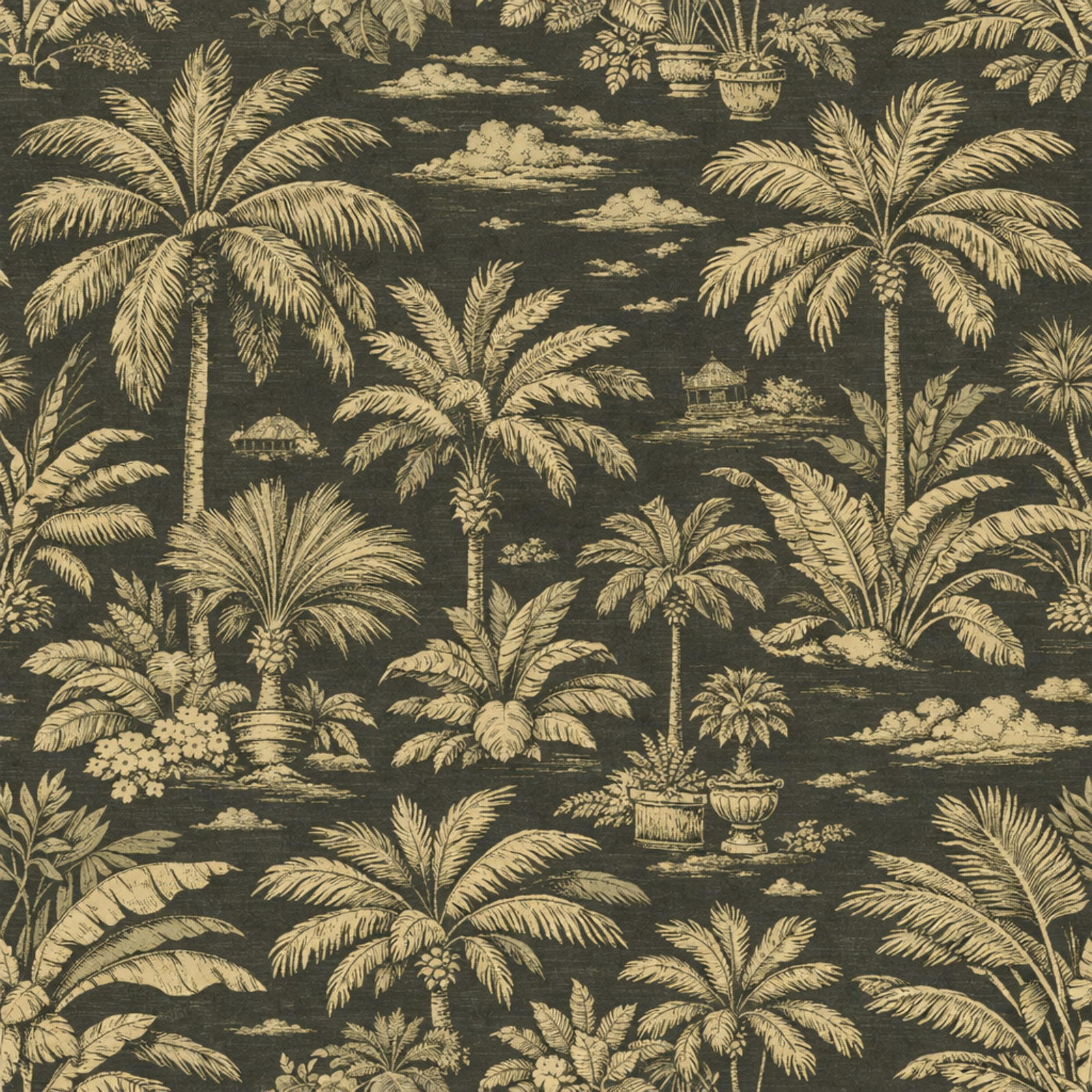 Seamless design repeat of Palmy Weather tropical toile pattern in Amber.