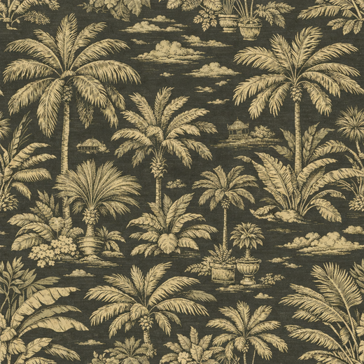 Seamless design repeat of Palmy Weather tropical toile pattern in Amber.