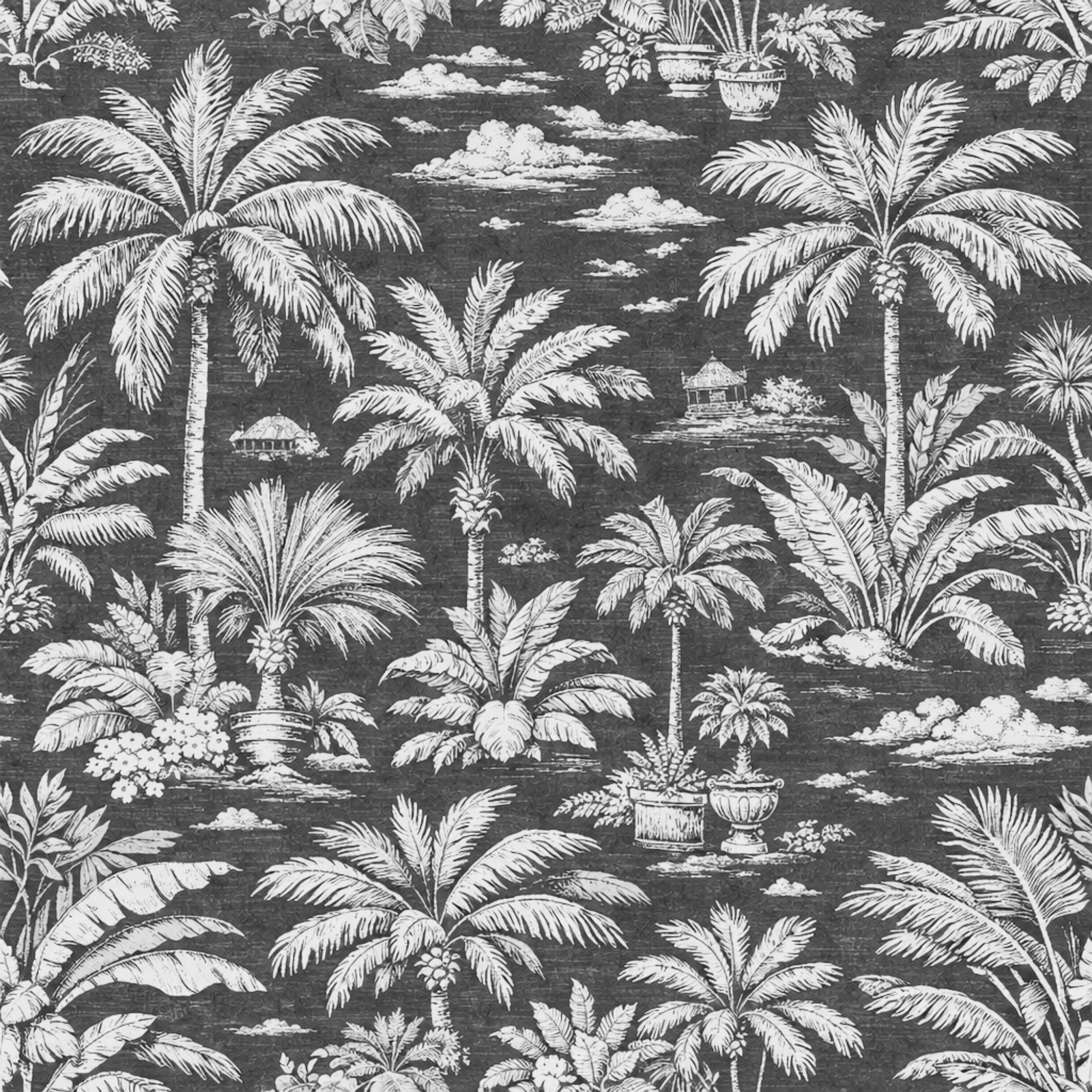 Seamless repeating design of Palmy Weather tropical toile pattern in Charcoal.