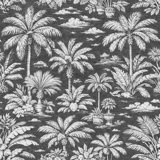 Seamless repeating design of Palmy Weather tropical toile pattern in Charcoal.