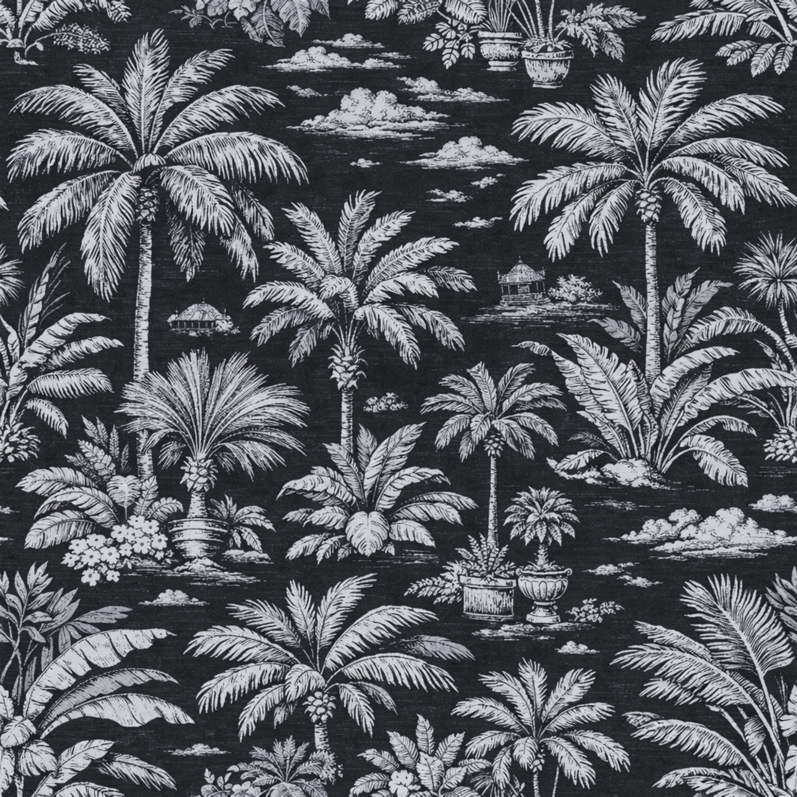 Seamless repeating pattern of Palmy Weather tropical toile wallpaper in Black.