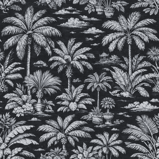 Seamless repeating pattern of Palmy Weather tropical toile wallpaper in Black.
