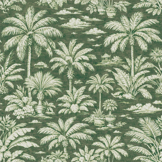 Seamless design repeat of Palmy Weather tropical toile pattern in Green.