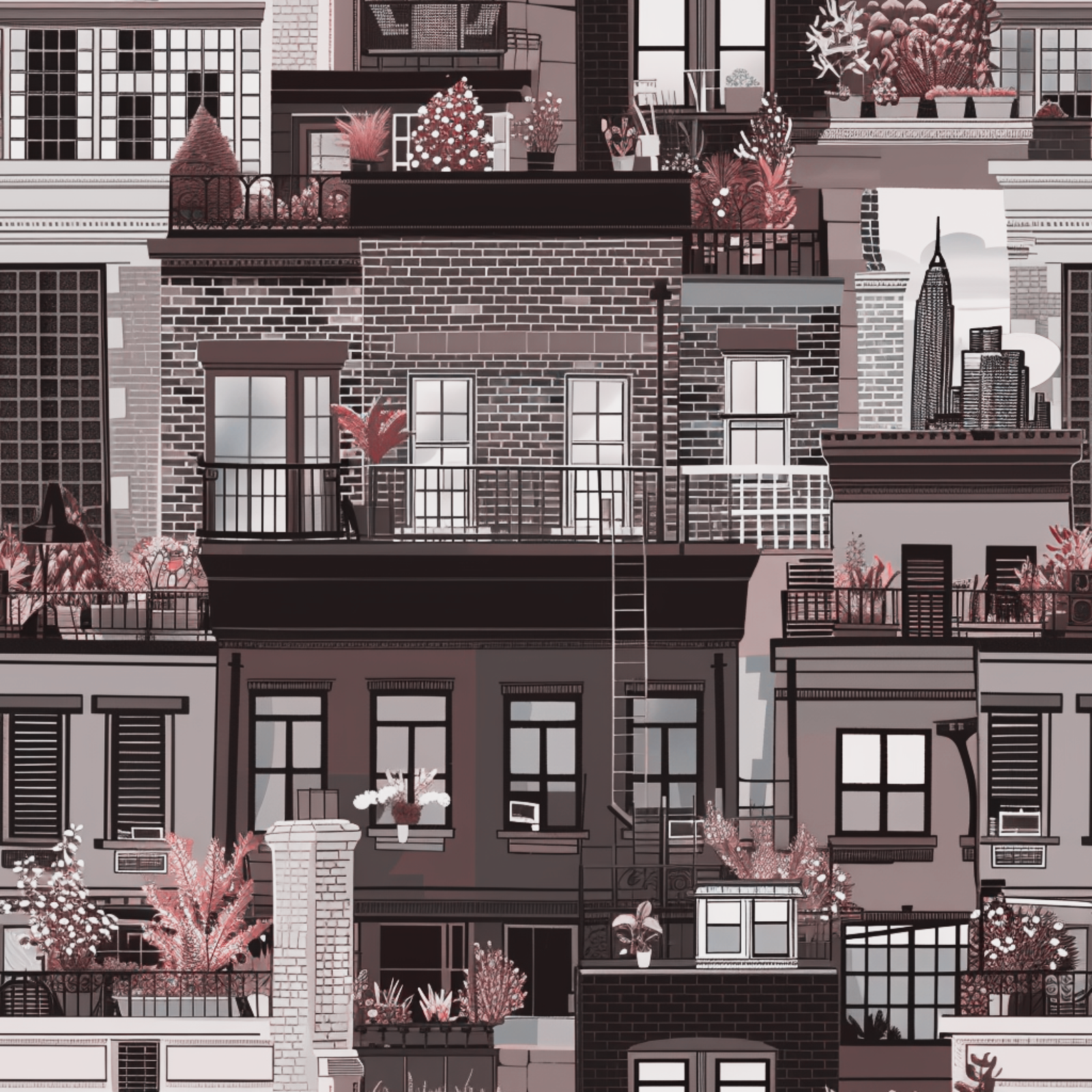 Graphic poster mock up illustrating the West Village Rooftops wallpaper design.