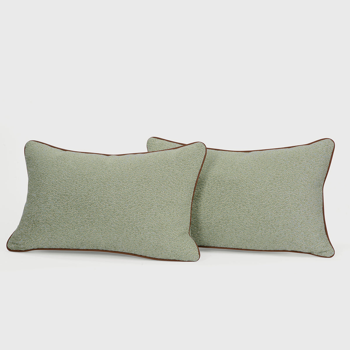 Product shot of Pierre Frey "Cerilly" with Samuel & Sons Leather Welt Lumbar Pillows | Provenance & Patina