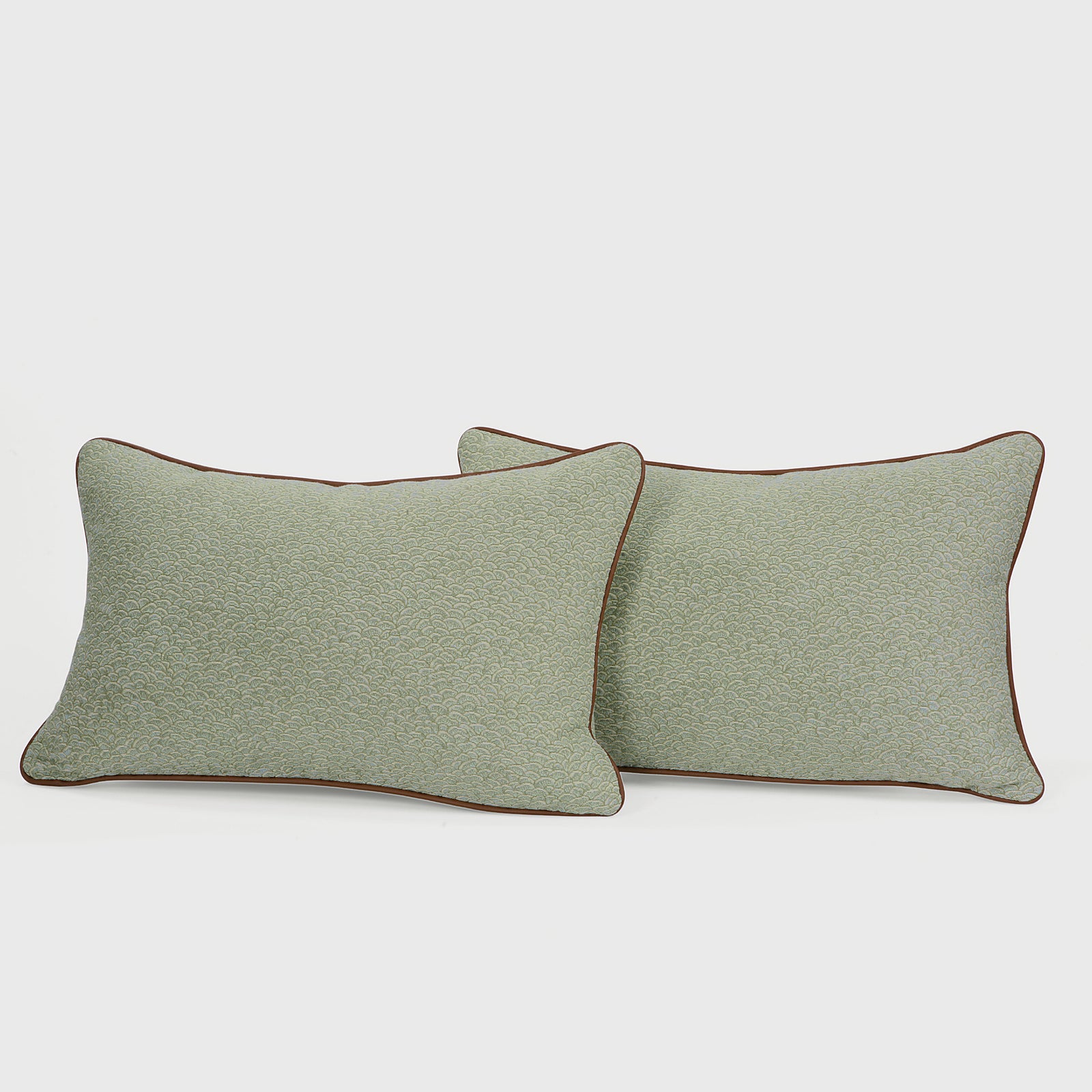 Product shot of Pierre Frey "Cerilly" with Samuel & Sons Leather Welt Lumbar Pillows | Provenance & Patina