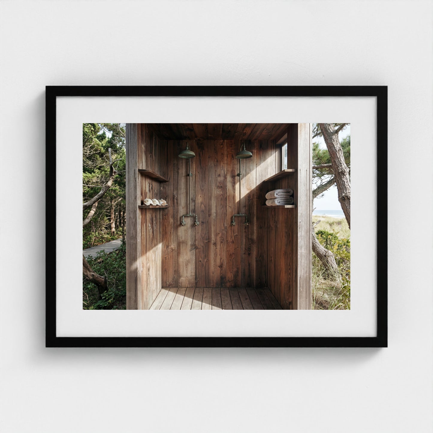 Pines Outdoor Shower framed art print in a 24x18 black landscape wooden frame on a gallery wall.