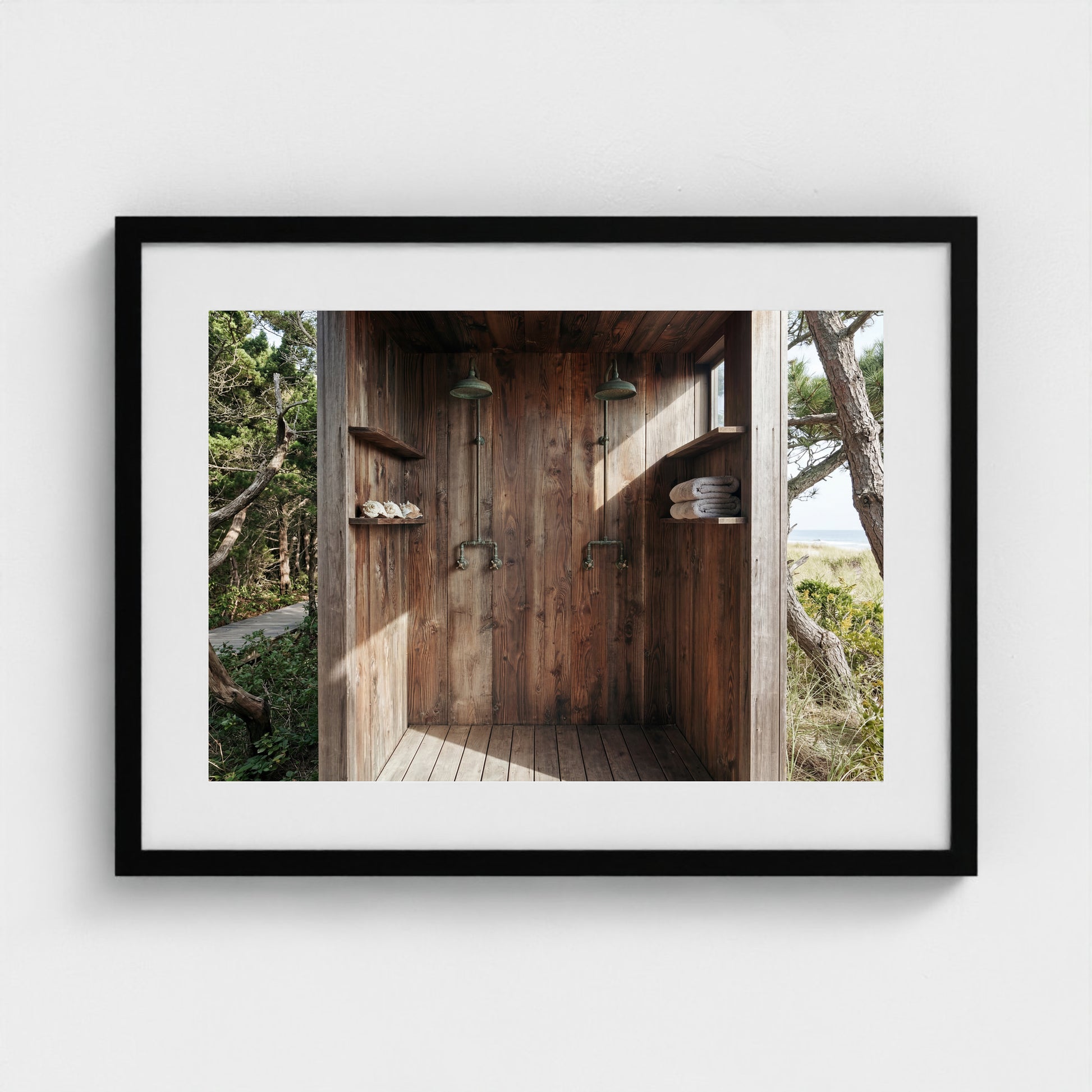 Pines Outdoor Shower framed art print in a 24x18 black landscape wooden frame on a gallery wall.
