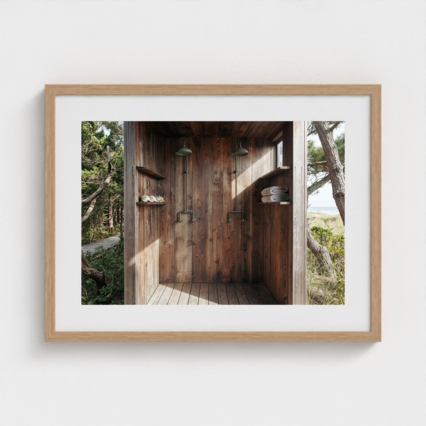 Pines Outdoor Shower framed art print in a 24x18 natural oak landscape wooden frame on a neutral wall.