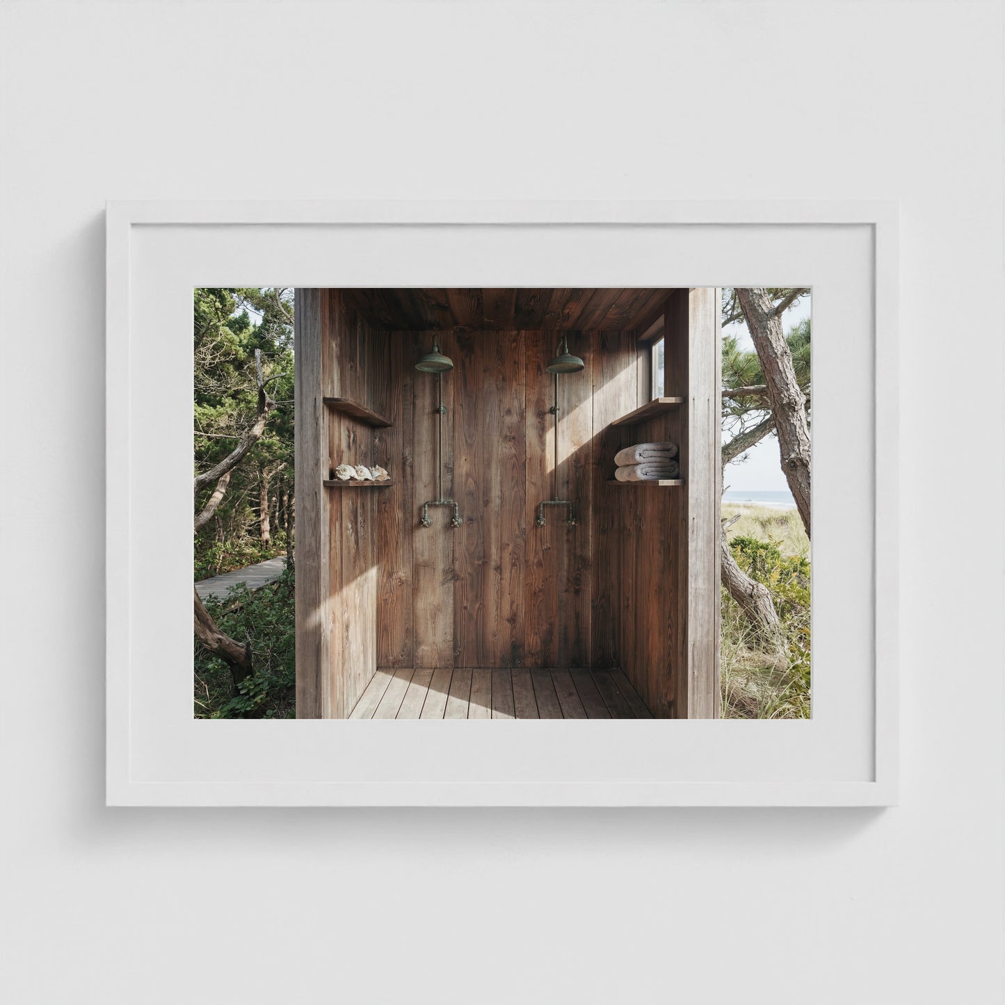 Pines Outdoor Shower1 24x18 White Landscape Box Frame