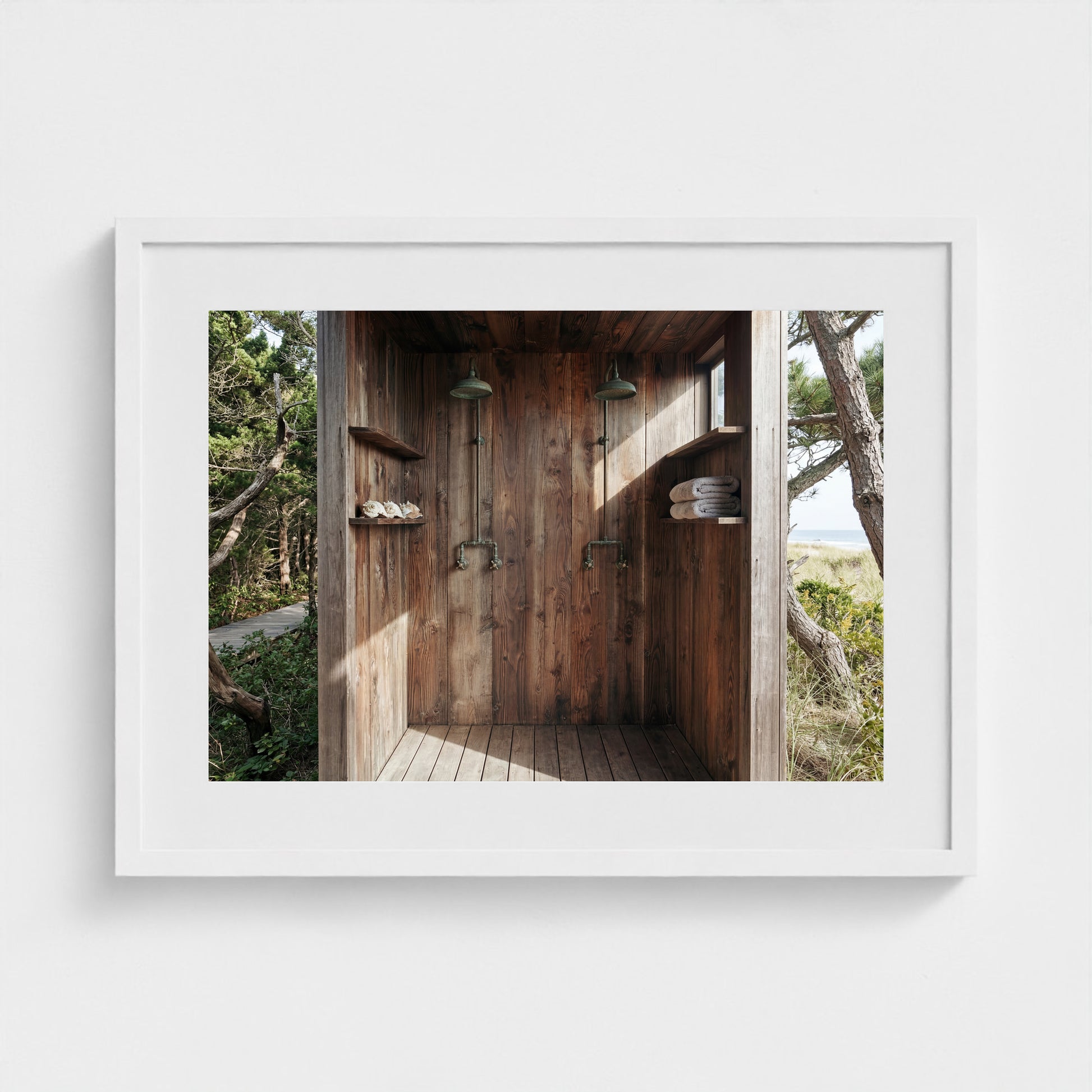 Pines Outdoor Shower framed art print in a 24x18 white landscape wooden frame on a minimalist wall.