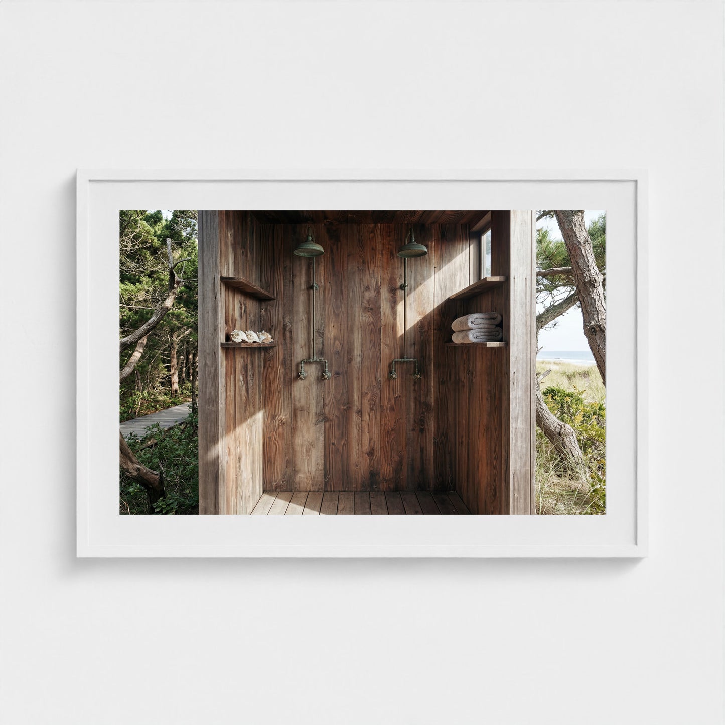 Pines Outdoor Shower framed art print in a 36x24 white landscape frame in a bright living space.