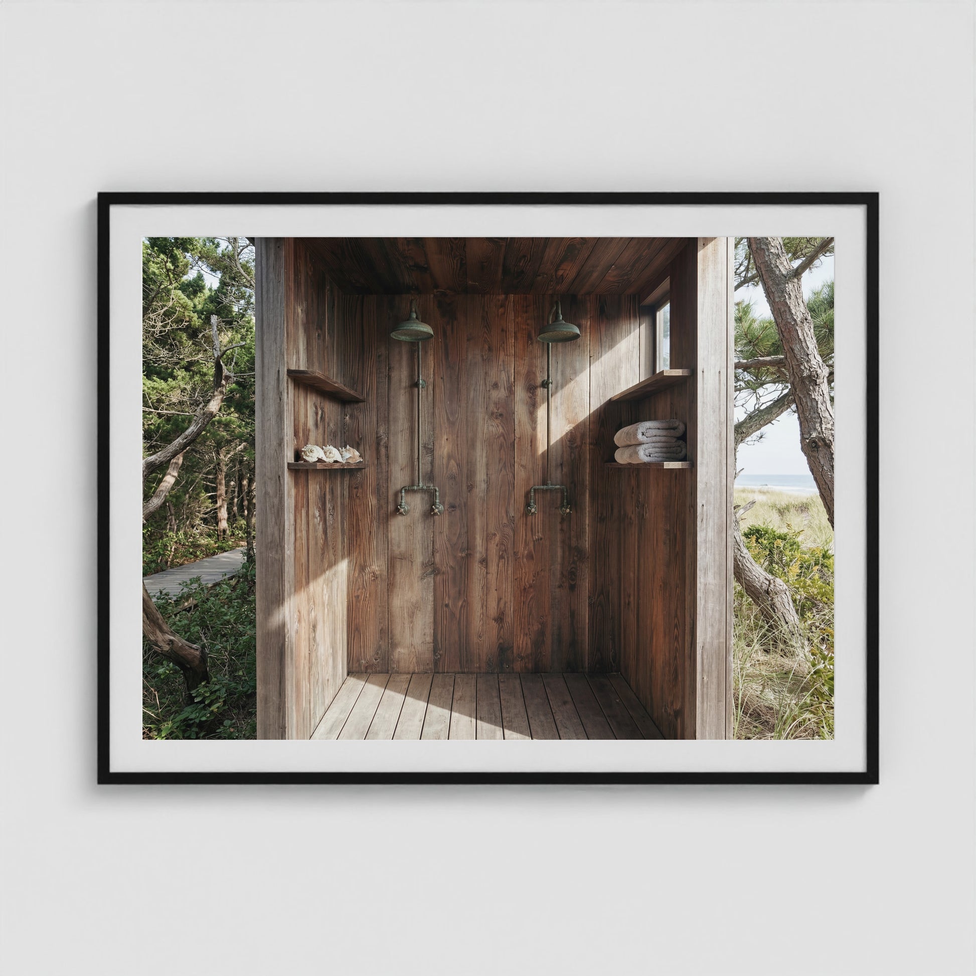 Pines Outdoor Shower1 48x36 Black Landscape Box Frame