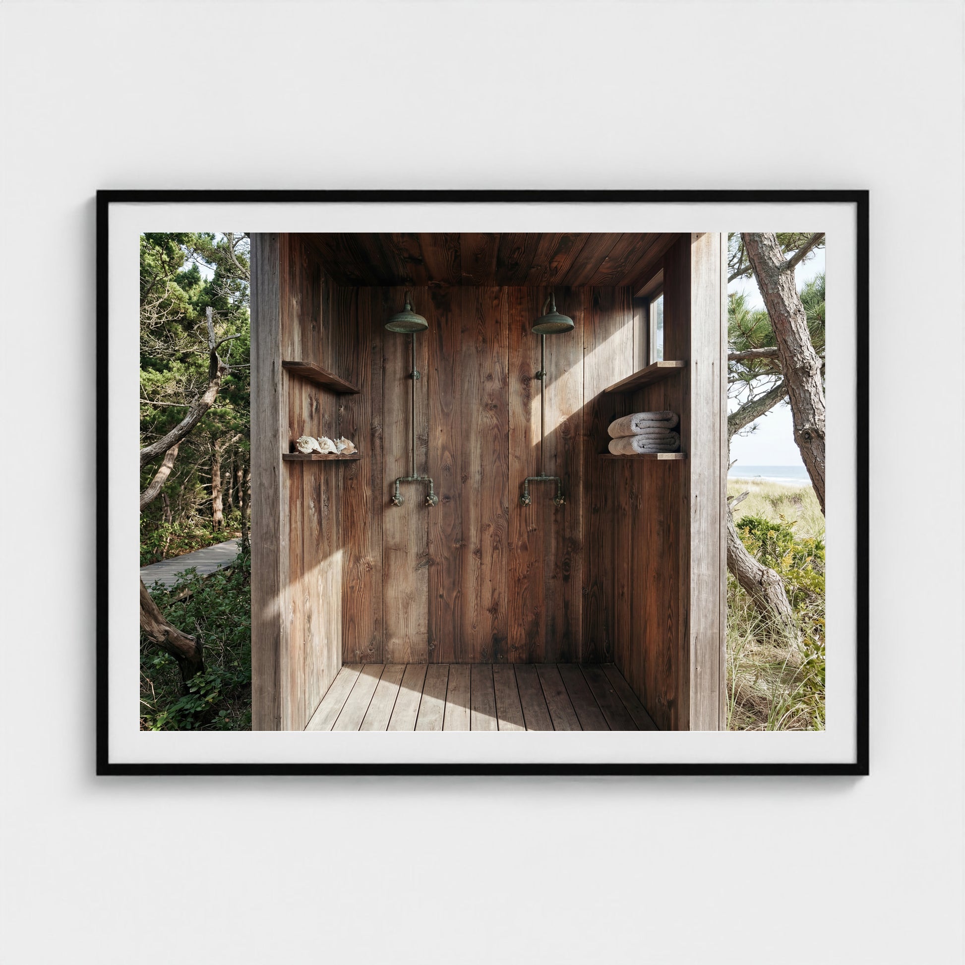 Large scale Pines Outdoor Shower print in a 48x36 black wood landscape frame above a mid-century sideboard.