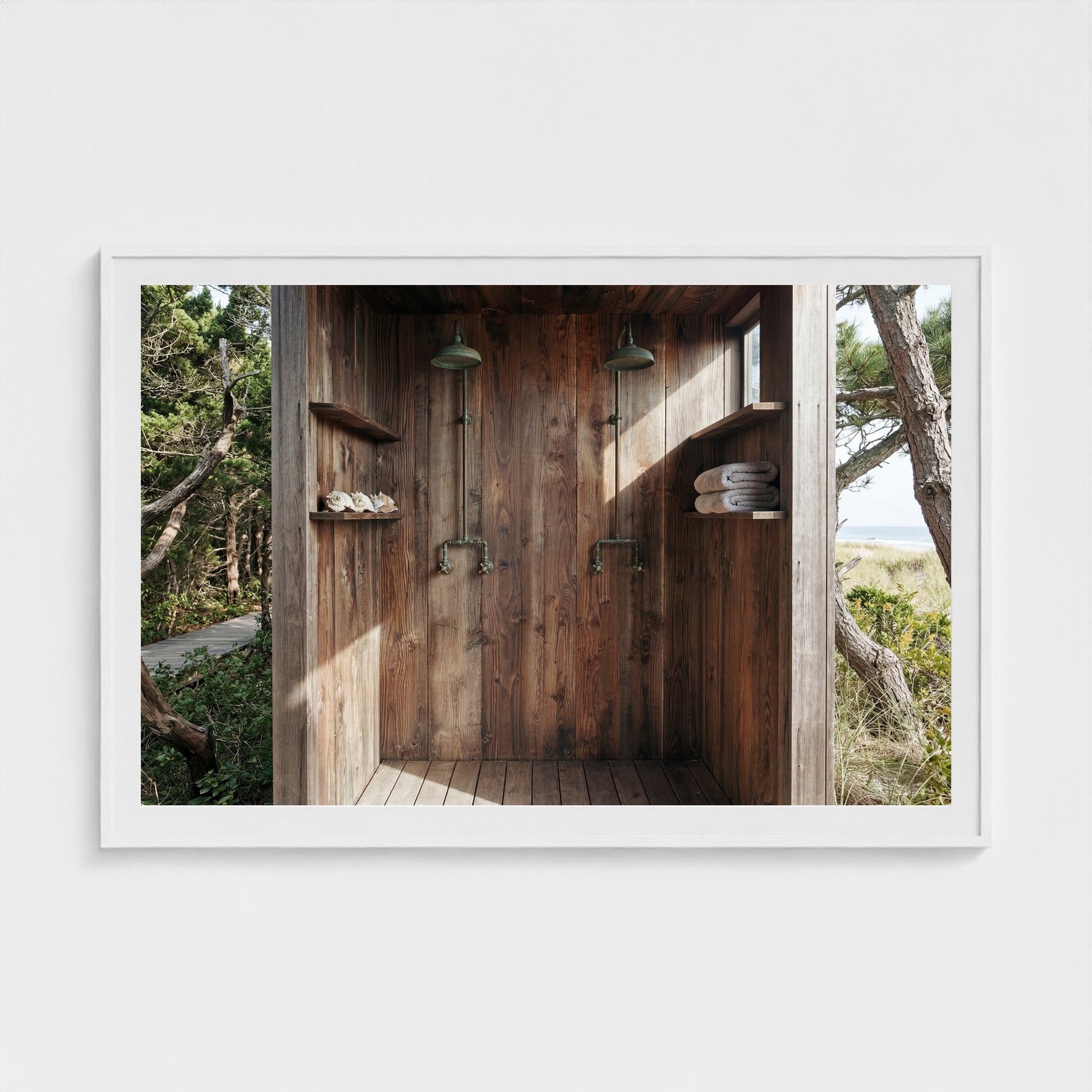 Grand scale 60x40 Pines Outdoor Shower art print in a white wood landscape frame, perfectly scaled for a gallery.