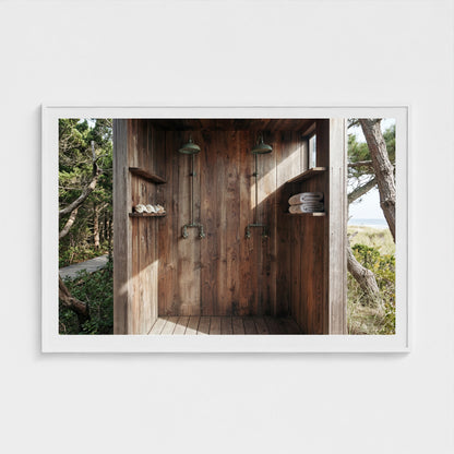Grand scale 60x40 Pines Outdoor Shower art print in a white wood landscape frame, perfectly scaled for a gallery.