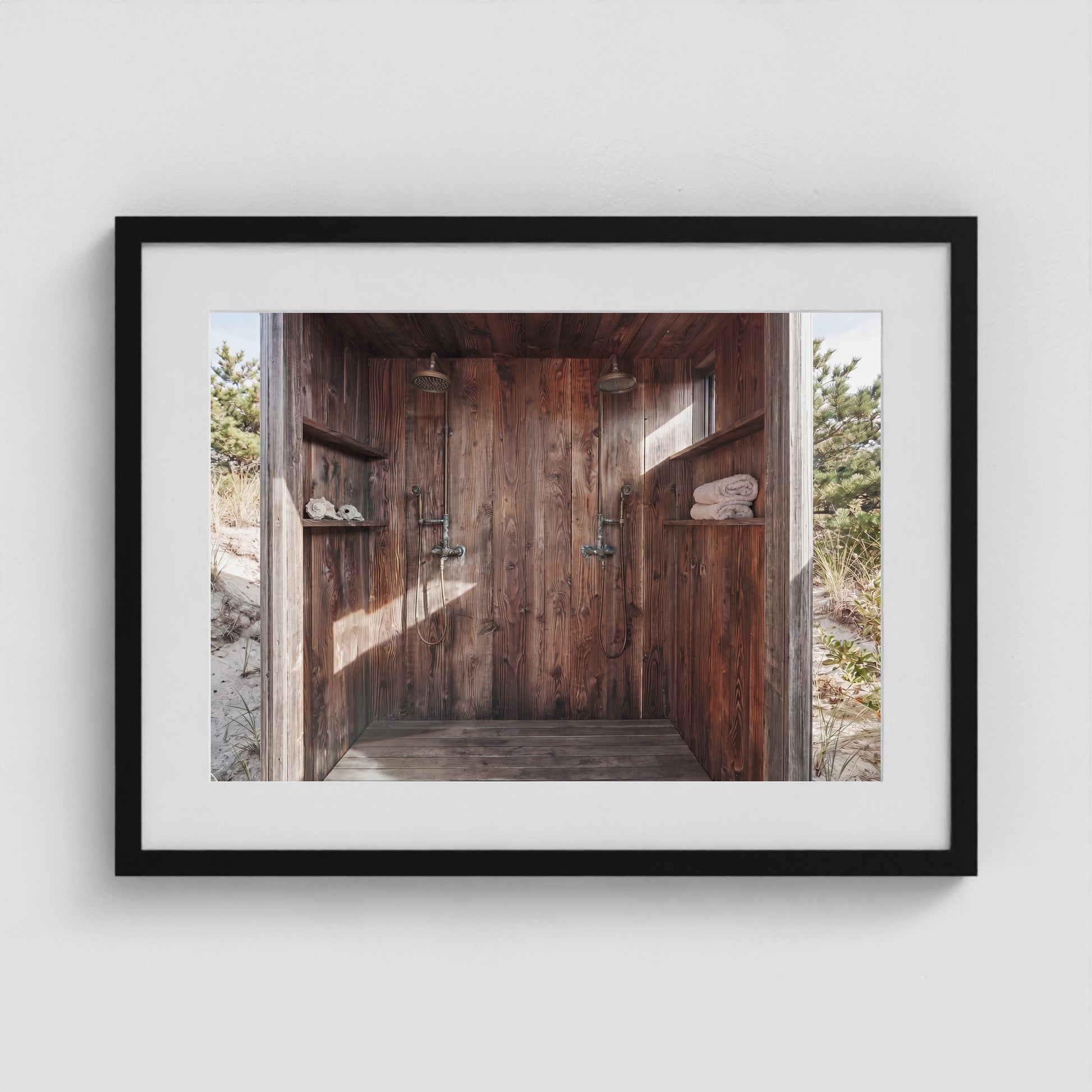 Pines Outdoor Shower2 24x18 Black Landscape Box Frame