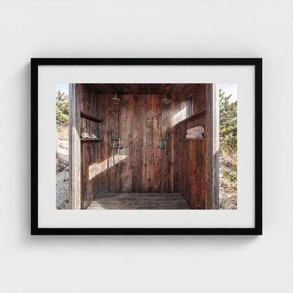 Pines Outdoor Shower coastal artwork in 24x18 black gallery frame landscape mockup