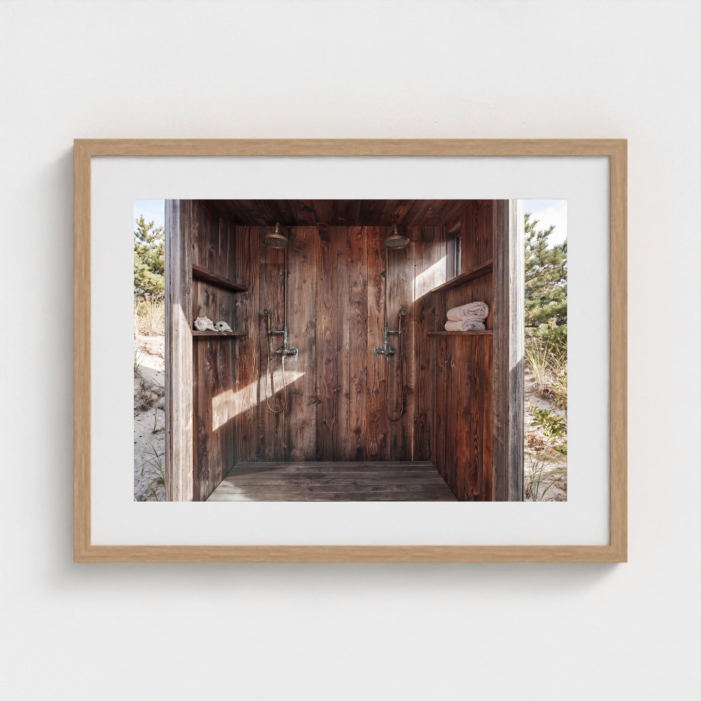 Pines Outdoor Shower modern artwork in 24x18 natural wood landscape frame
