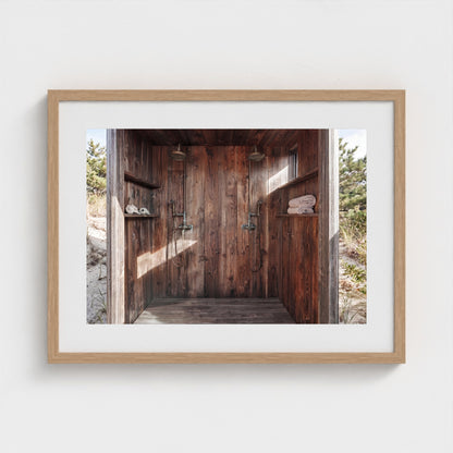 Pines Outdoor Shower modern artwork in 24x18 natural wood landscape frame