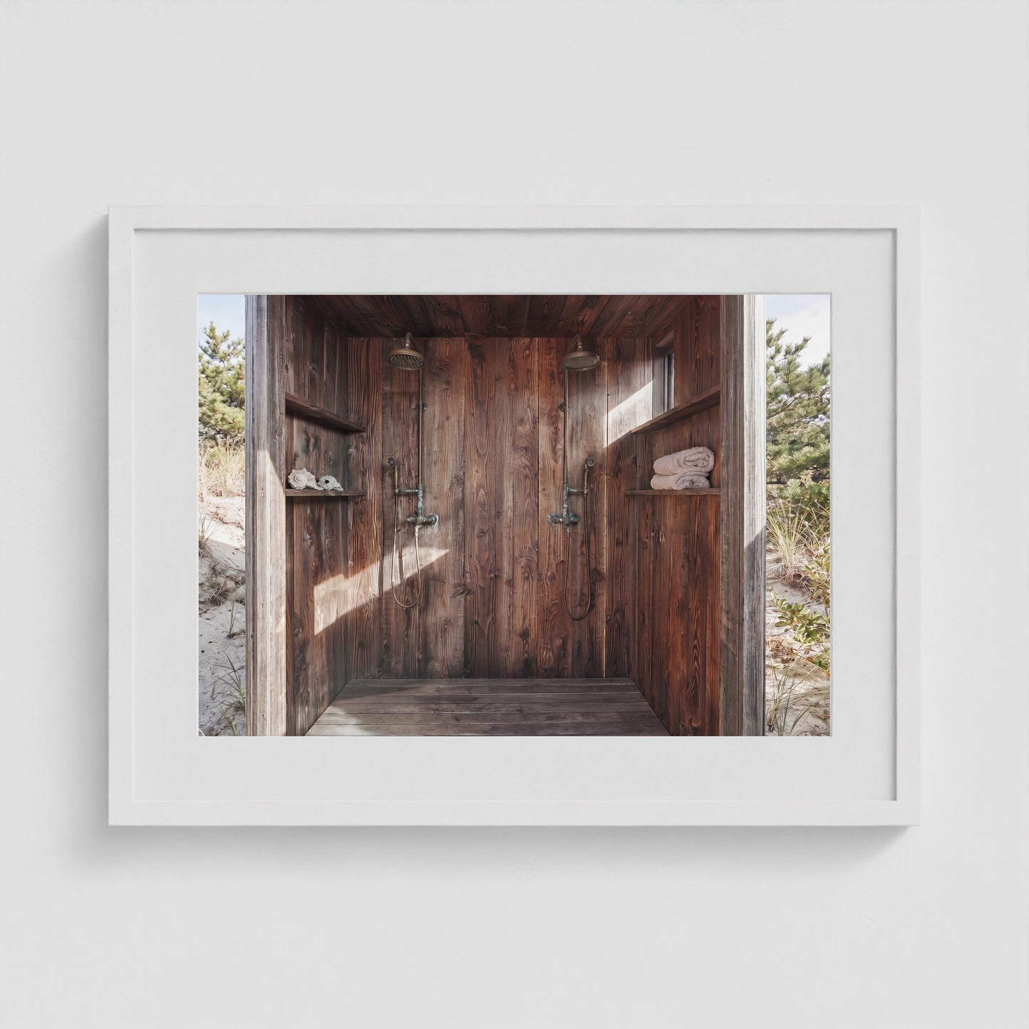Pines Outdoor Shower2 24x18 White Landscape Box Frame