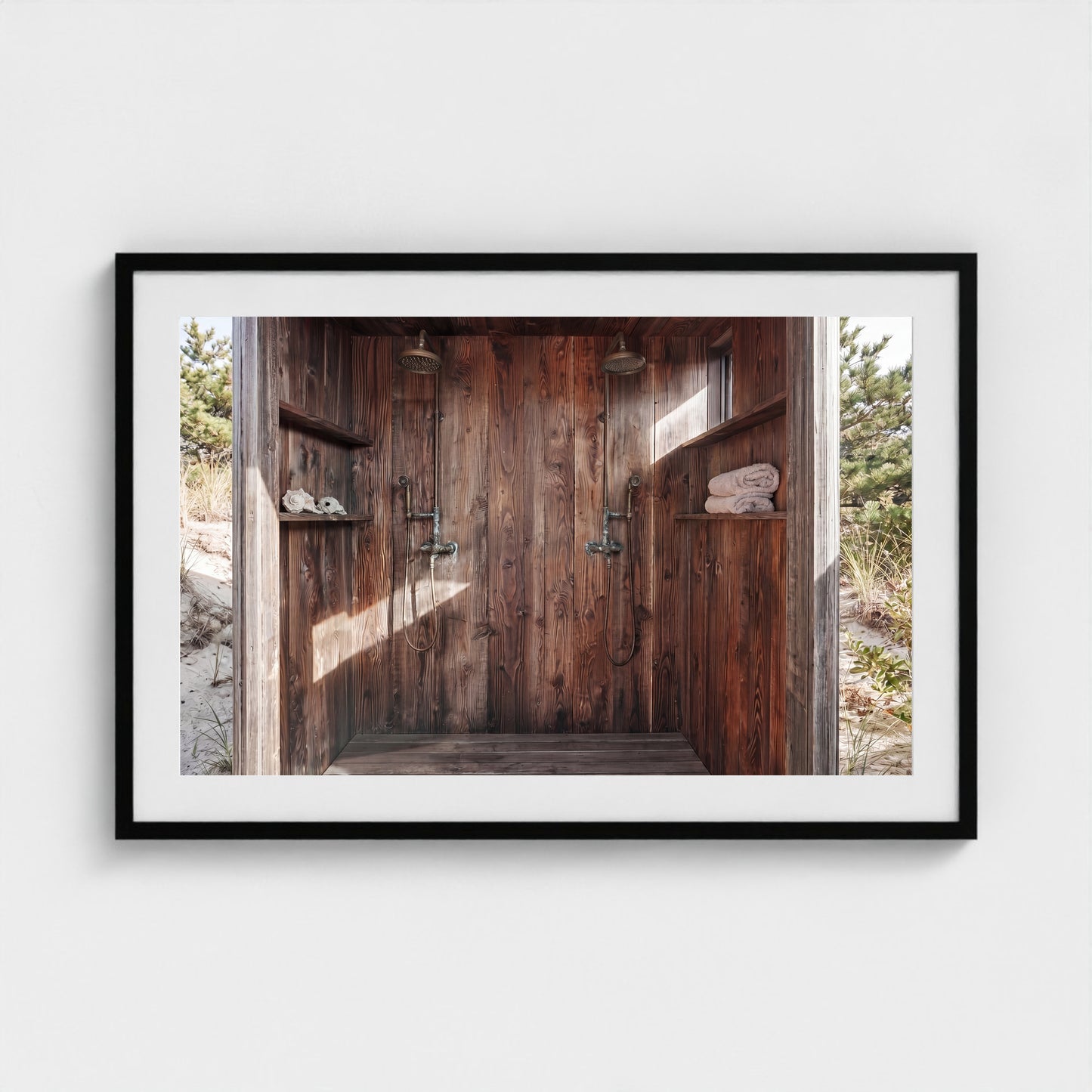 Pines Outdoor Shower minimalist landscape piece in 36x24 black wood frame