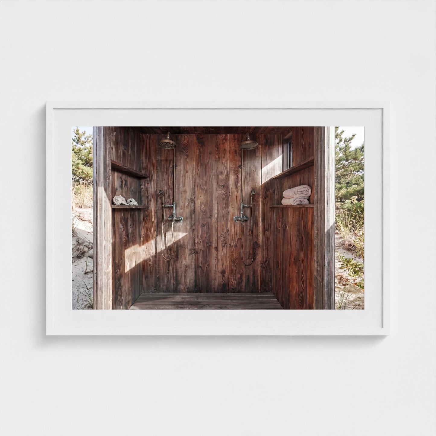 Pines Outdoor Shower framed wall art in 36x24 sleek white landscape frame