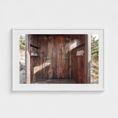 Pines Outdoor Shower framed wall art in 36x24 sleek white landscape frame