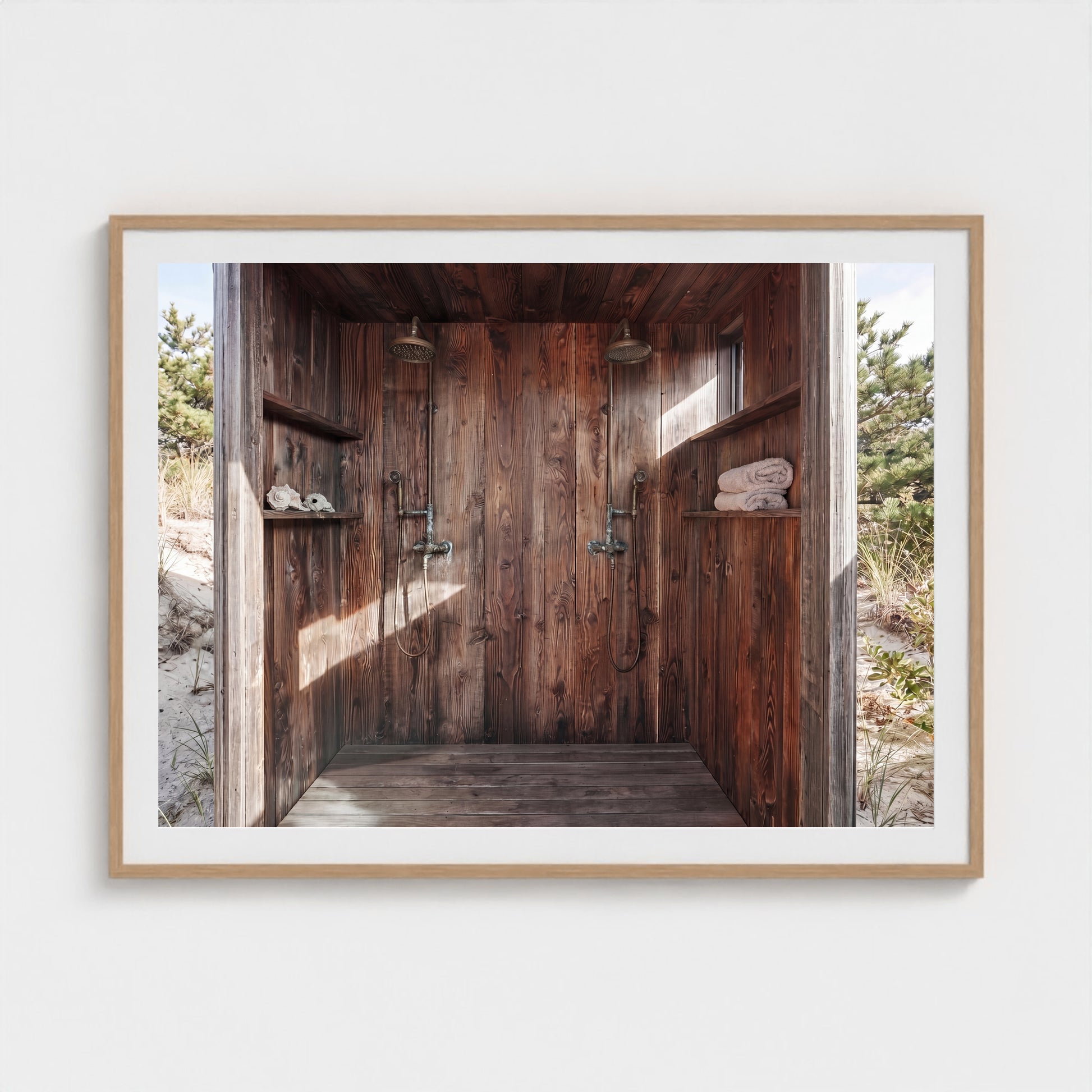 Large Pines Outdoor Shower minimalist wall art in 48x36 natural maple frame
