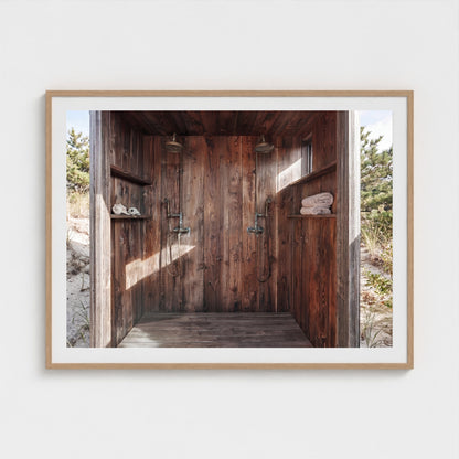Large Pines Outdoor Shower minimalist wall art in 48x36 natural maple frame