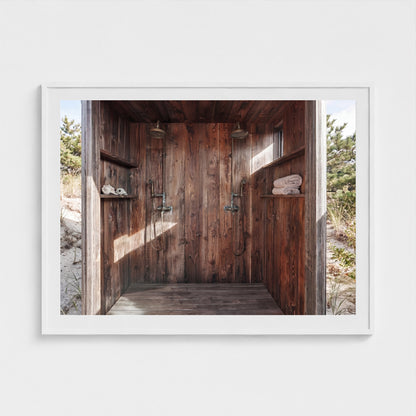 Pines Outdoor Shower coastal landscape art in 48x36 modern white frame