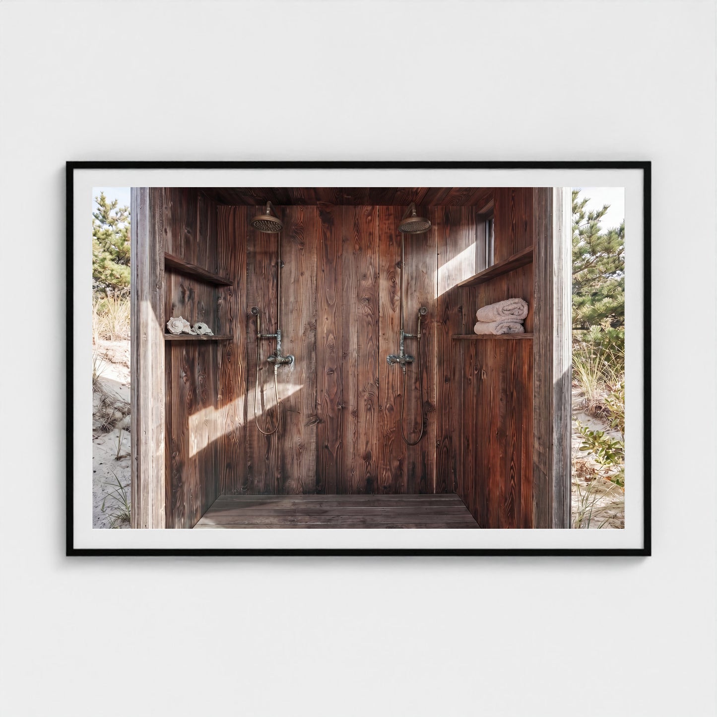 Oversized Pines Outdoor Shower coastal artwork in 60x40 black gallery frame
