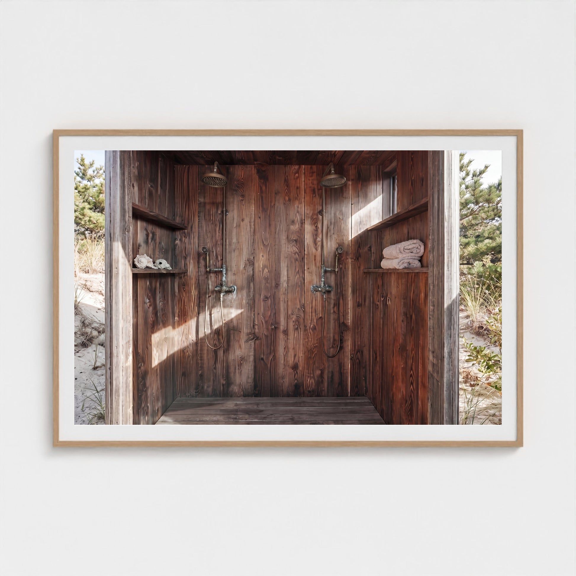 Pines Outdoor Shower statement art piece in 60x40 natural wood landscape frame