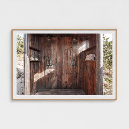 Pines Outdoor Shower statement art piece in 60x40 natural wood landscape frame