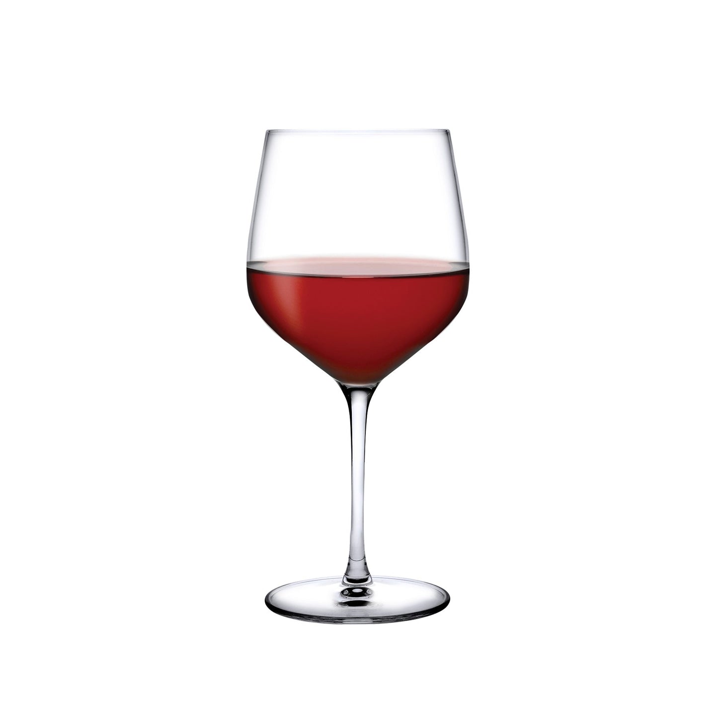 A single NUDE Glass Refine crystal burgundy wine glass featuring a slender stem and wide bowl.