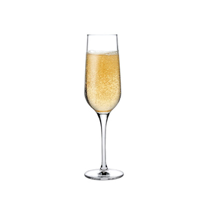 A minimalist lead-free crystal champagne glass from the NUDE Glass Refine collection.
