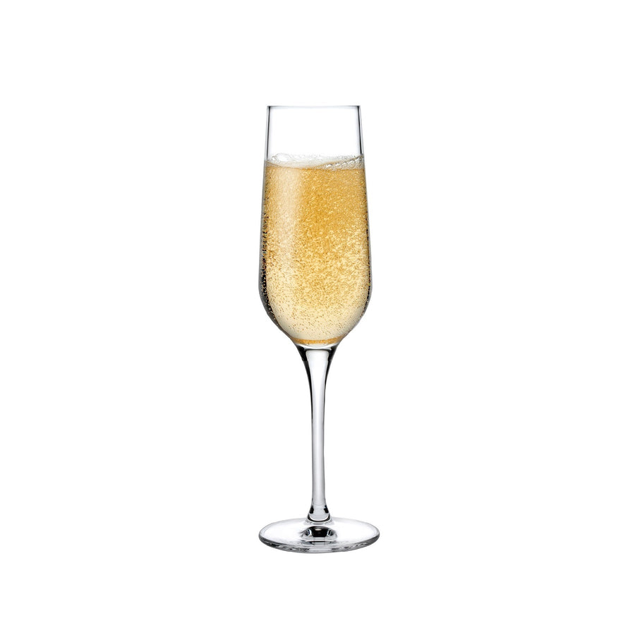 A minimalist lead-free crystal champagne glass from the NUDE Glass Refine collection.