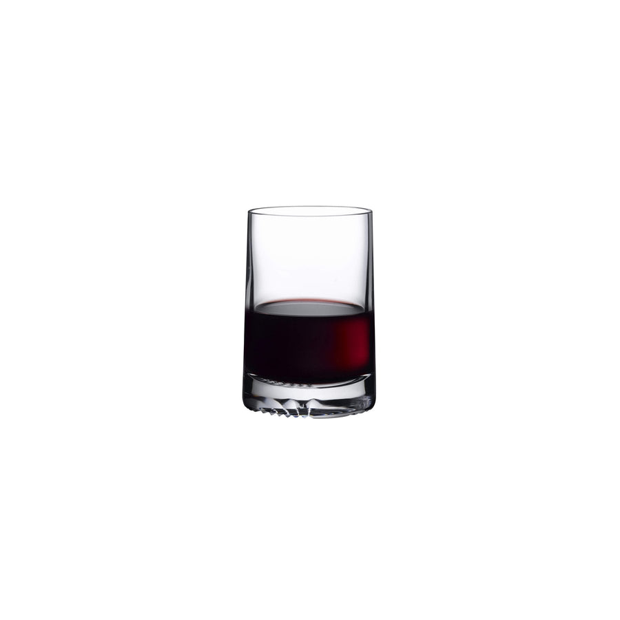 A minimalist lead-free crystal double old fashioned glass featuring a hand-carved tartan design at the thick base.