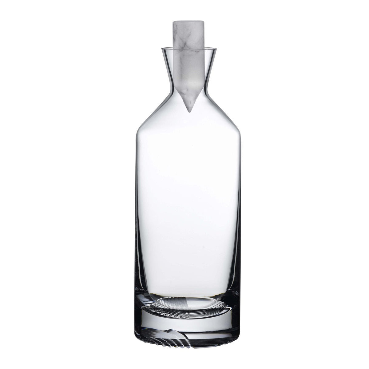 Profile view of the tall lead-free crystal Alba decanter showing the heavy base and hand-carved pattern.