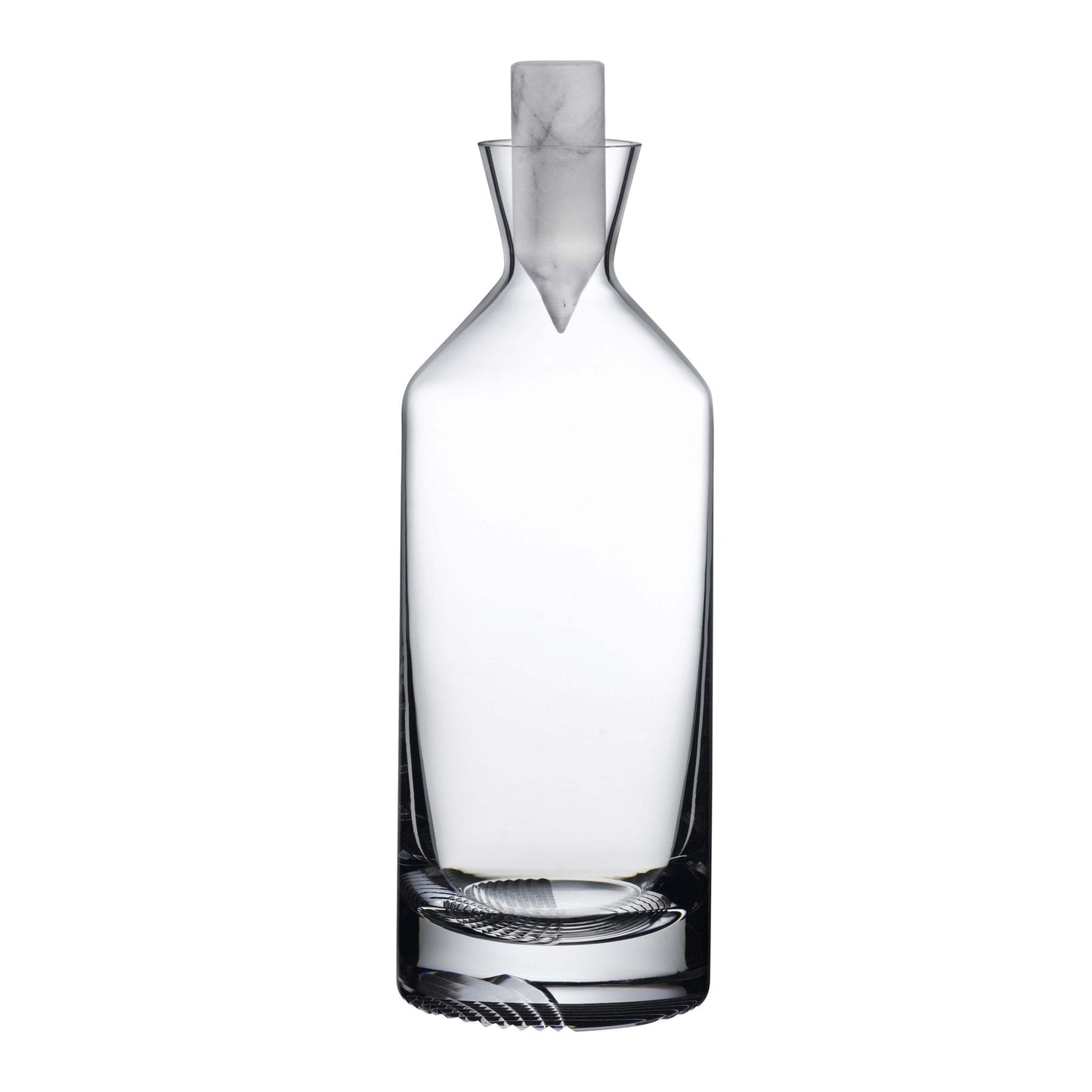 Profile view of the tall lead-free crystal Alba decanter showing the heavy base and hand-carved pattern.